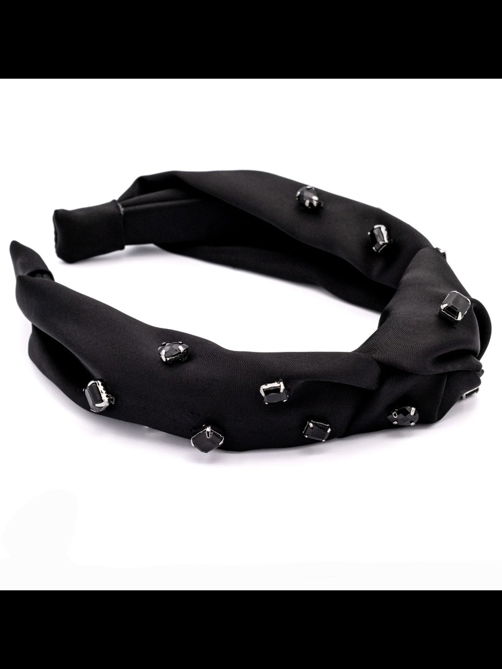 Envy Black Satin Knotted Headband Embellished With Black Gemstone Crystals BNIB